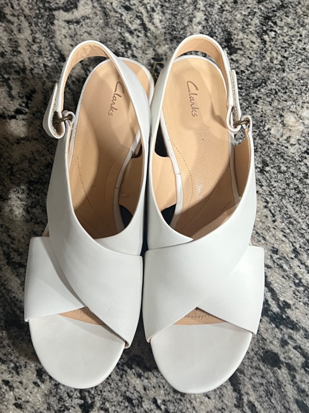 Clarks White Leather Cork Wedge Sandals